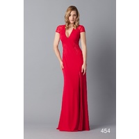 ROSE NOIR #454 Jersey V-Neck Evening Gown (Black, Red)