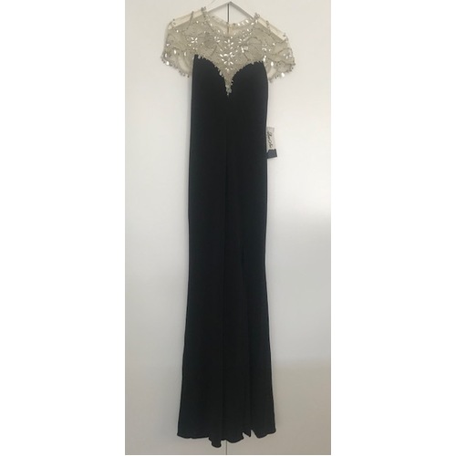 ROSE NOIR #564 - Beaded Mesh Top Evening Gown (Black)